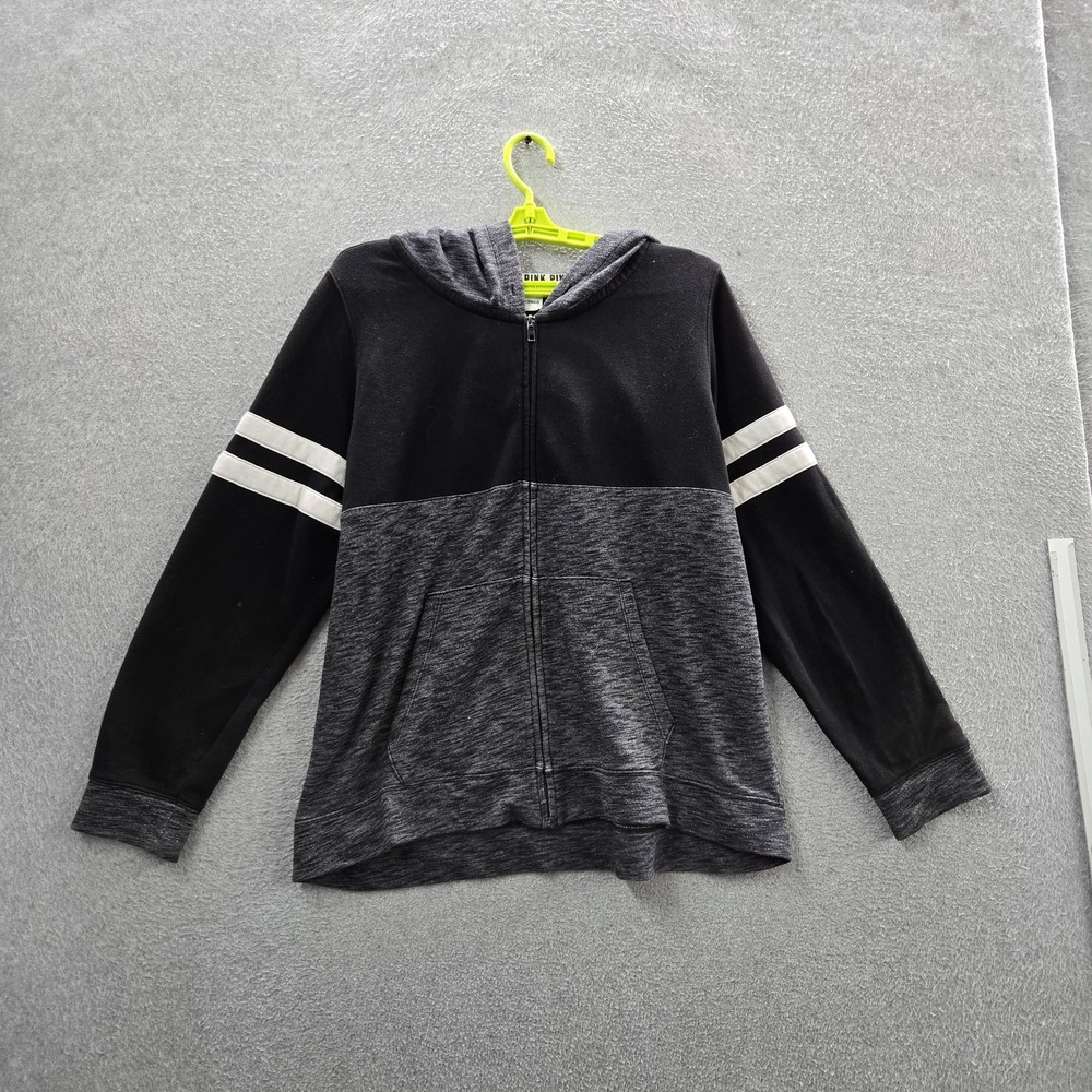 PINK Victoria's Secret Women Hoodie L Black Colorblock Fleece Varsity Zipper